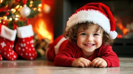 Joyful Child in Santa Hat by Christmas Tree