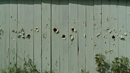 Weathered Green Wooden Fence with Bullet Holes, paint, peeling, chipped, old, grunge