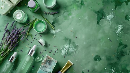 Wall Mural - Variety of green and natural cosmetics on a spa table.