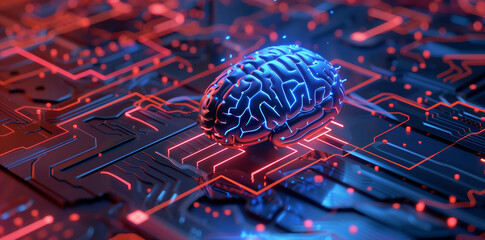 Poster - A 3D model of a human brain sits on a circuit board, representing the merging of technology and intelligence