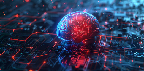 Poster - A digital brain sits on a circuit board, illuminated by red and blue lights
