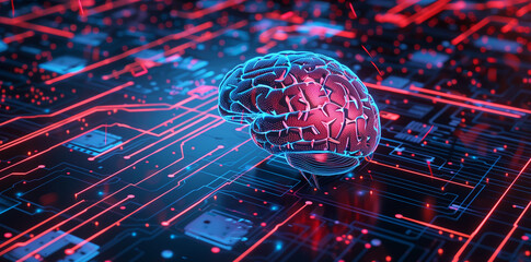 Poster - A digital brain sits atop a circuit board, highlighting the intersection of technology and human intelligence
