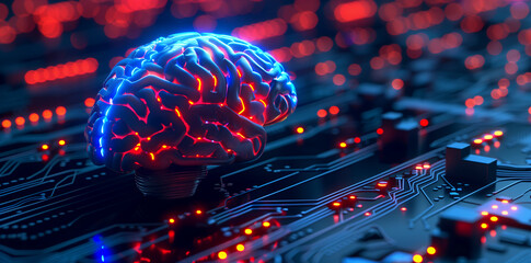 Poster - A glowing brain sits on a circuit board, representing the intersection of technology and human intelligence
