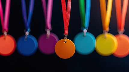 Colorful medals hanging in a row with vibrant ribbons, isolated on a dark background.