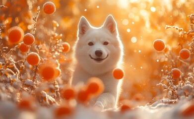 The sight of a husky leaping through snow with orange balls in a winter garden invokes joy and happiness