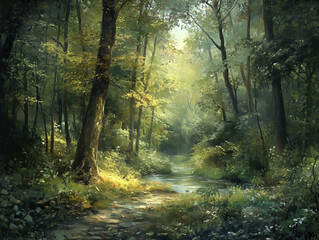 Poster - Sunlight streams through the dense canopy of a lush forest, illuminating a tranquil creek winding through the trees