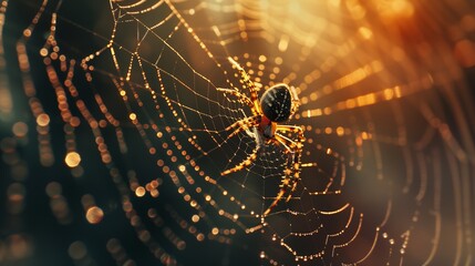 Background with spider web with morning dew drops illuminated by golden sunlight in macro photography