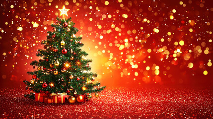 Poster - A vibrant Christmas tree filled with colorful decorations and presents, illuminated against a sparkling red background, creating a festive atmosphere