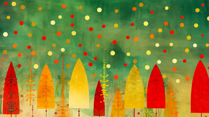 Aufkleber - An array of stylized trees in various colors stands amidst vibrant dots and circles, creating a lively, festive atmosphere