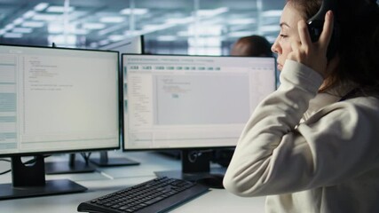 Poster - engineer typing on computer in server hub, checking recovery plan, monitoring data center energy con