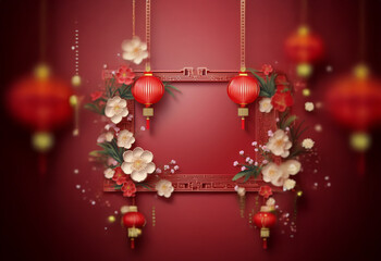 Canvas Print - A red frame with Chinese lanterns and white flowers hangs against a red background.