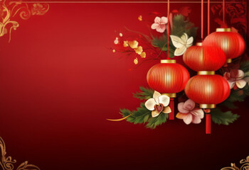 Wall Mural - Red background with Chinese lanterns and flowers hanging from the top right corner.