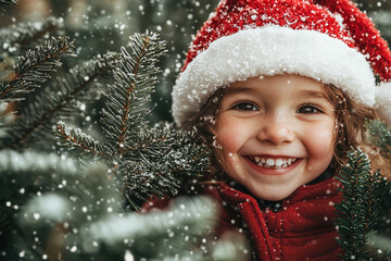 a young child grins happily while surrounded by snow-dusted evergreen branches during the winter sea