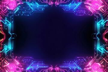Leinwandbilder - This artwork features a glowing neon circuit design framing a dark central space, perfect for technology-related projects