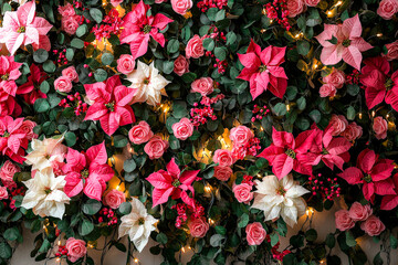 Poster - A vibrant display of pink and white roses combined with red and white poinsettias, enhanced by twinkling fairy lights, creates a joyful and festive ambiance