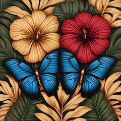 Wall Mural - Two blue butterflies perched on tropical flowers and leaves.