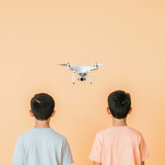 Two boys watch a drone flying overhead against a light orange background.