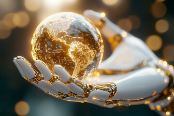 Poster - A robotic hand extends towards a glowing globe, symbolizing technology's connection to the world