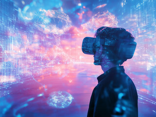 Aufkleber - A person wearing a VR headset stands in front of a digital world