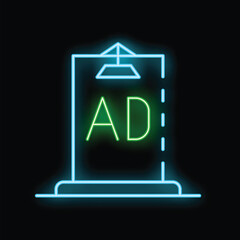 Poster - Glowing neon sign depicting advertising with a clipboard on a black background