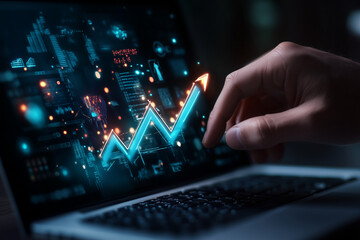 Aufkleber - A hand interacts with a laptop screen displaying a blue upward trend line, symbolizing growth and success