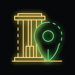 Poster - Neon green map pin marking location of government building with classic facade, for city street map, travel guide, gps navigator app