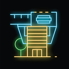 Poster - Glowing neon line house with construction folding ruler icon isolated on black background. Concept of measuring, building, construction, real estate, square footage. Vector