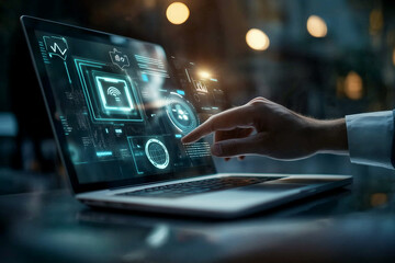 Poster - A hand hovers over a laptop screen displaying digital information