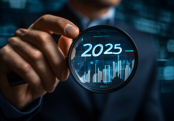 Aufkleber - A hand holds a magnifying glass over a digital display showing a graph and the year 2025