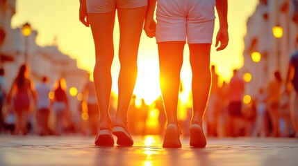 Poster - A couple walks hand in hand through a sunlit street, basking in the golden glow, AI