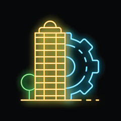 Poster - Glowing neon line office building icon with gear over black background representing the concept of construction industry