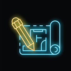 Poster - Neon glowing icon of a pencil drawing a line on a blueprint, representing architecture and design