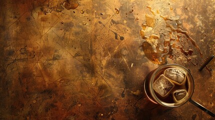 Wall Mural - Stained Table with Iced Coffee and Empty Space...