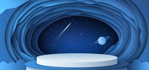 Wall Mural - a serene blue abstract scene depicting a cosmic view with a stage for presentations.