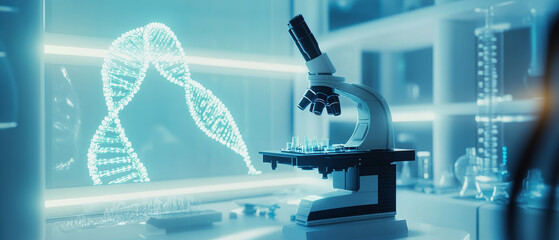 Poster - Futuristic microscope with holographic DNA display in sterile lab environment, showcasing advanced scientific research and technology