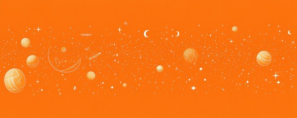 Wall Mural - a whimsical illustration of planets and stars against an orange background.