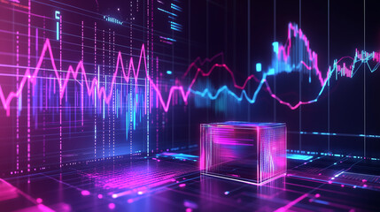 Poster - A glowing cube sits in a digital landscape, surrounded by colorful data and graphs