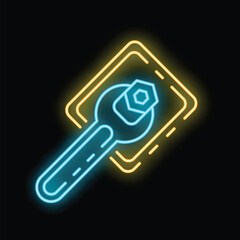 Poster - Bright neon wrench tightening bolt icon glowing on black background
