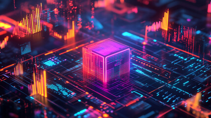 Aufkleber - A glowing cube sits at the center of a digital circuit board, surrounded by vibrant lines of code