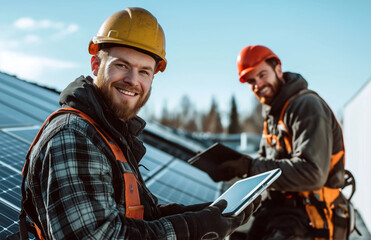 Two smiling solar technicians in safety gear using a tablet while inspecting solar panels on a rooftop, representing teamwork, renewable energy maintenance, and sustainable job roles.