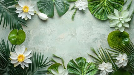 Poster - A decorative arrangement of tropical leaves and flowers on a textured background.