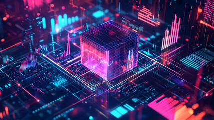 Aufkleber - A glowing digital cube floats in a neon cyber grid with vibrant data visuals. Perfect for themes of technology, data science, AI, and blockchain innovation.