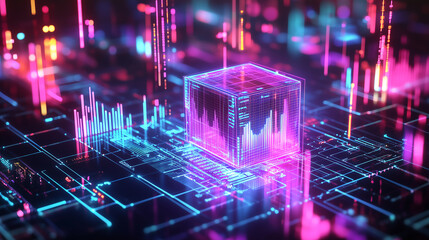 Poster - A glowing cube sits on a futuristic circuit board, with neon lights reflecting off the surface