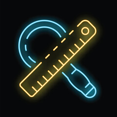 Poster - Glowing neon icon of a measuring tape and magnifying glass representing search engine optimization