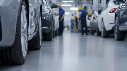 A wide shot of a modern car service center with multiple mechanics working on different cars, changing oil, inspecting tires, and checking undercarriages.