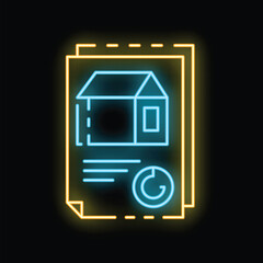 Poster - Glowing neon icon of a house project with a growing chart, symbolizing the concept of real estate market analysis