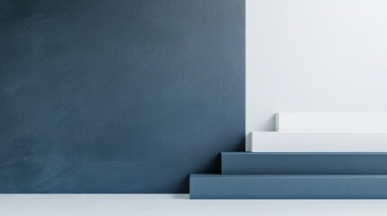 Poster - Empty blue and white podium steps are creating a modern and minimalist showcase for product presentation against a textured dark blue wall