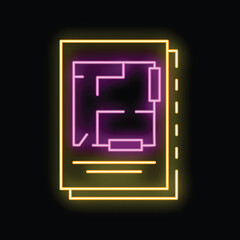 Poster - Neon sign showing a house plan with rooms layout glowing purple and yellow on a black background