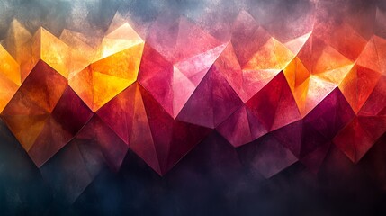 Wall Mural - Abstract geometric background with red, orange, and yellow triangular shapes against a dark, smoky background.