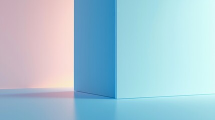 Poster - Light blue cube standing on a reflective floor in a room with pink and light blue walls, creating a minimalist and modern abstract composition